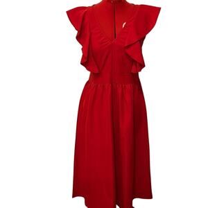 SundayUp Women’s Sleeveless Red Ruffle Fit Flare Classic Midi Dress Size Small